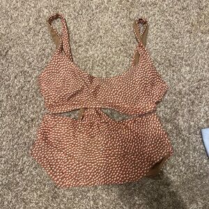 Aerie Scoop Bikini TOP Brown, White & Pink Polka Dot